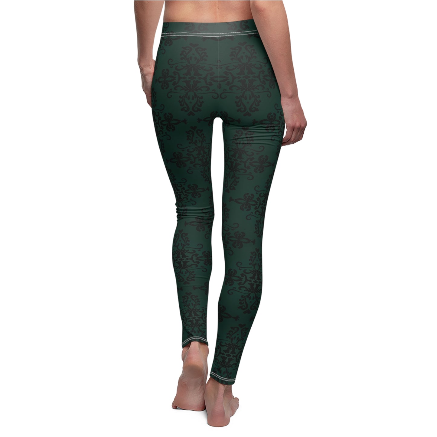 Dark Green Damask All-Over Print Leggings — Women's Casual Activewear