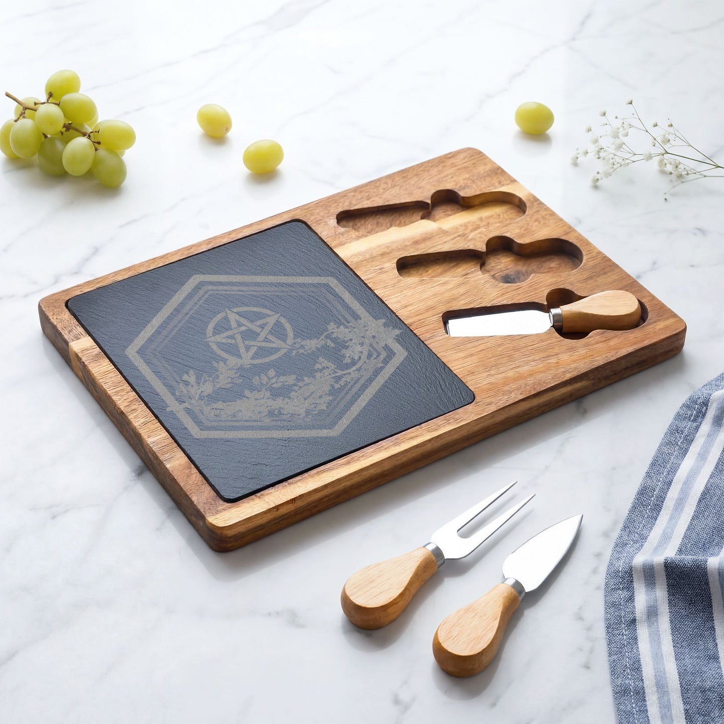 Engraved Acacia Charcuterie Board with Slate Inlay | Gratitude | Celtic Trinity & Leaf Design
