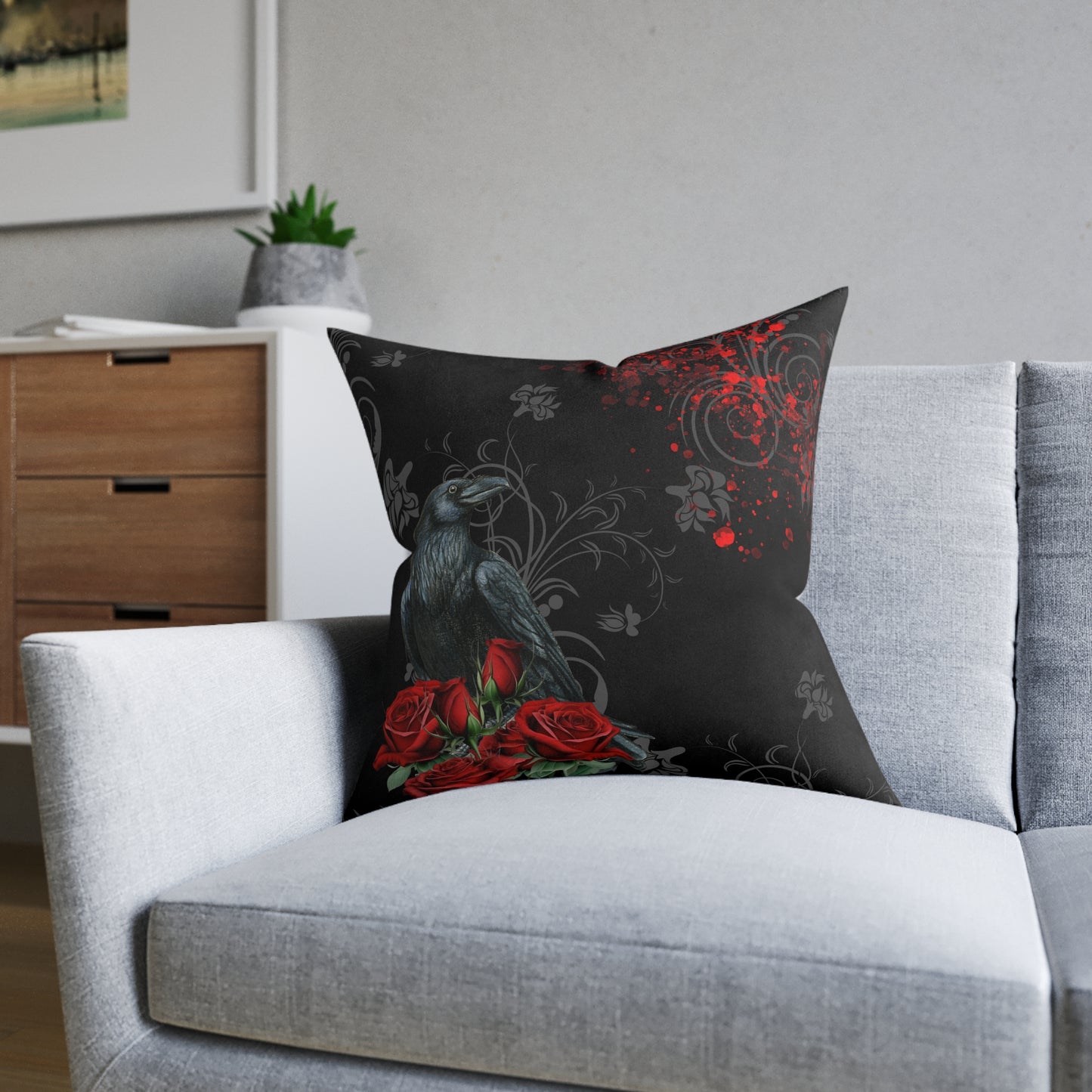 Black Feather and Red Roses - Gothic Raven Design | Square Pillow (3 Sizes)