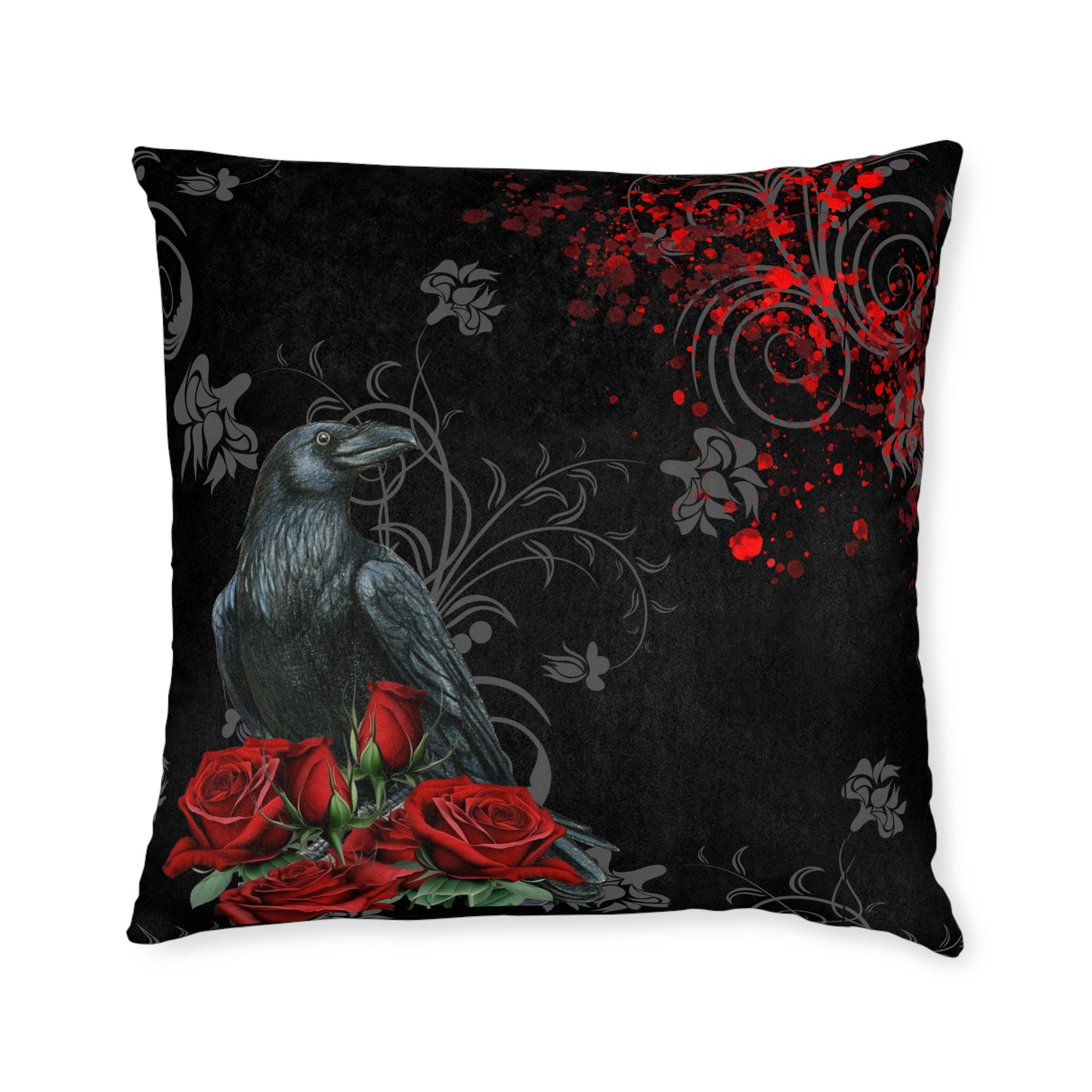 Black Feather and Red Roses - Gothic Raven Design | Square Pillow (3 Sizes)