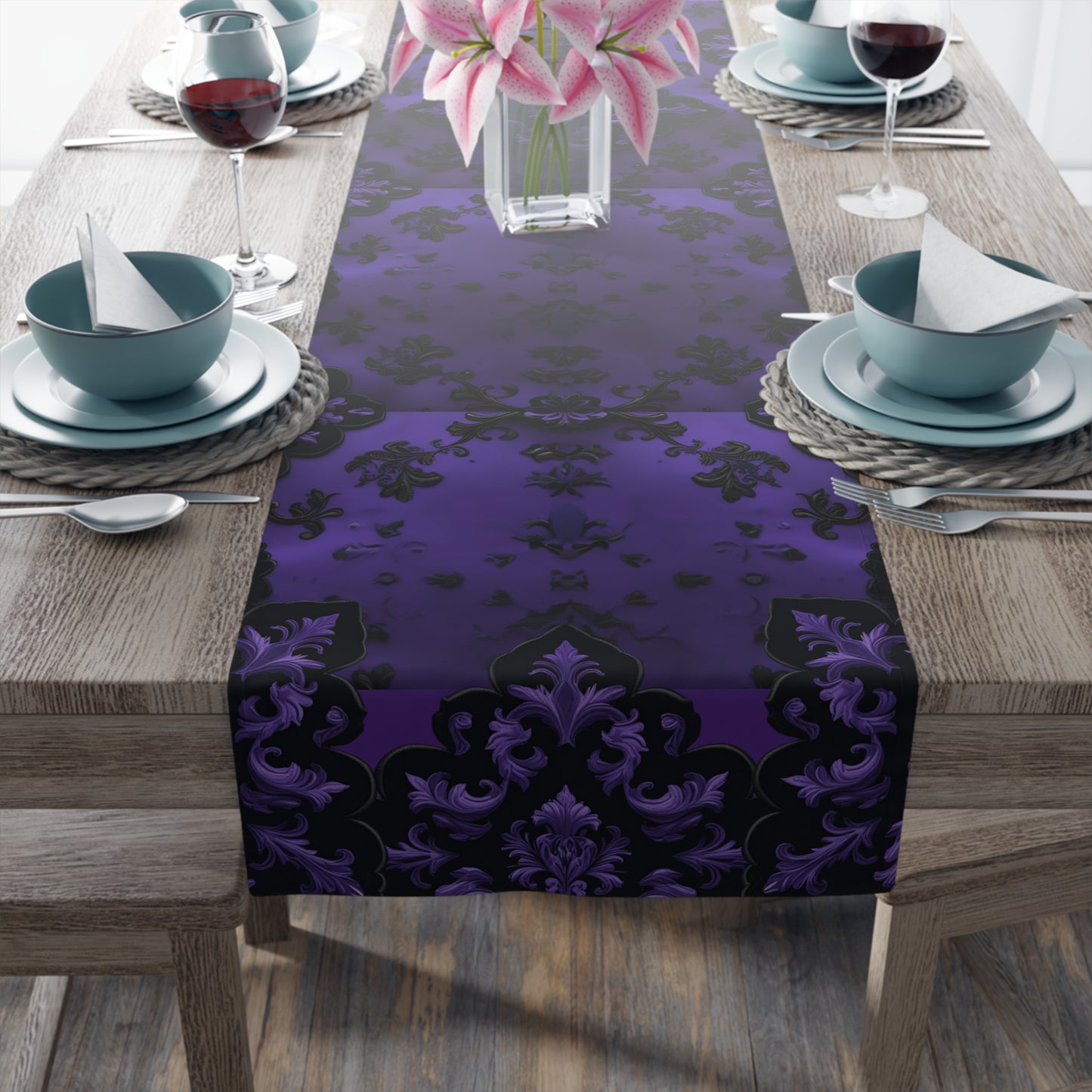 Royal Noir | Dark Purple Damask | Table Runner