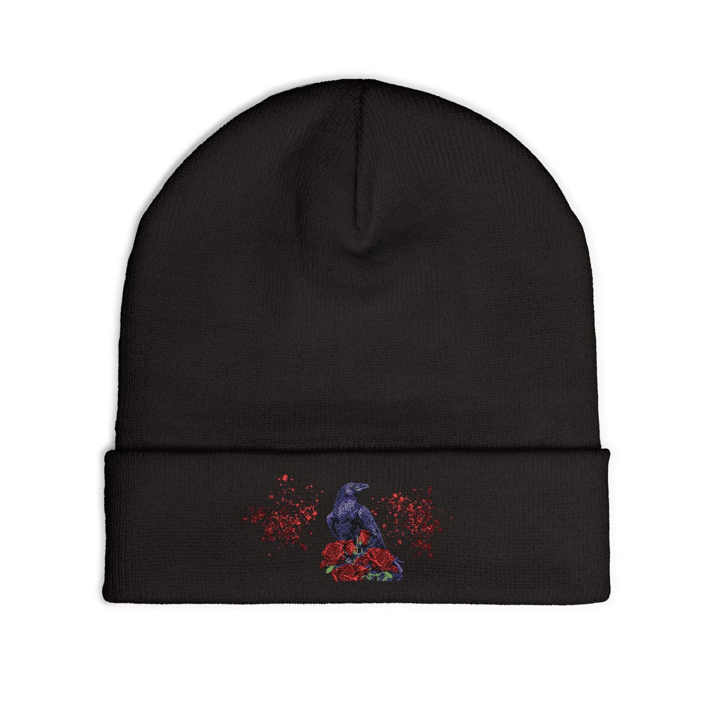 Black Feathers & Red Roses | Beanie Hat Embroidered | Handcrafted Cap