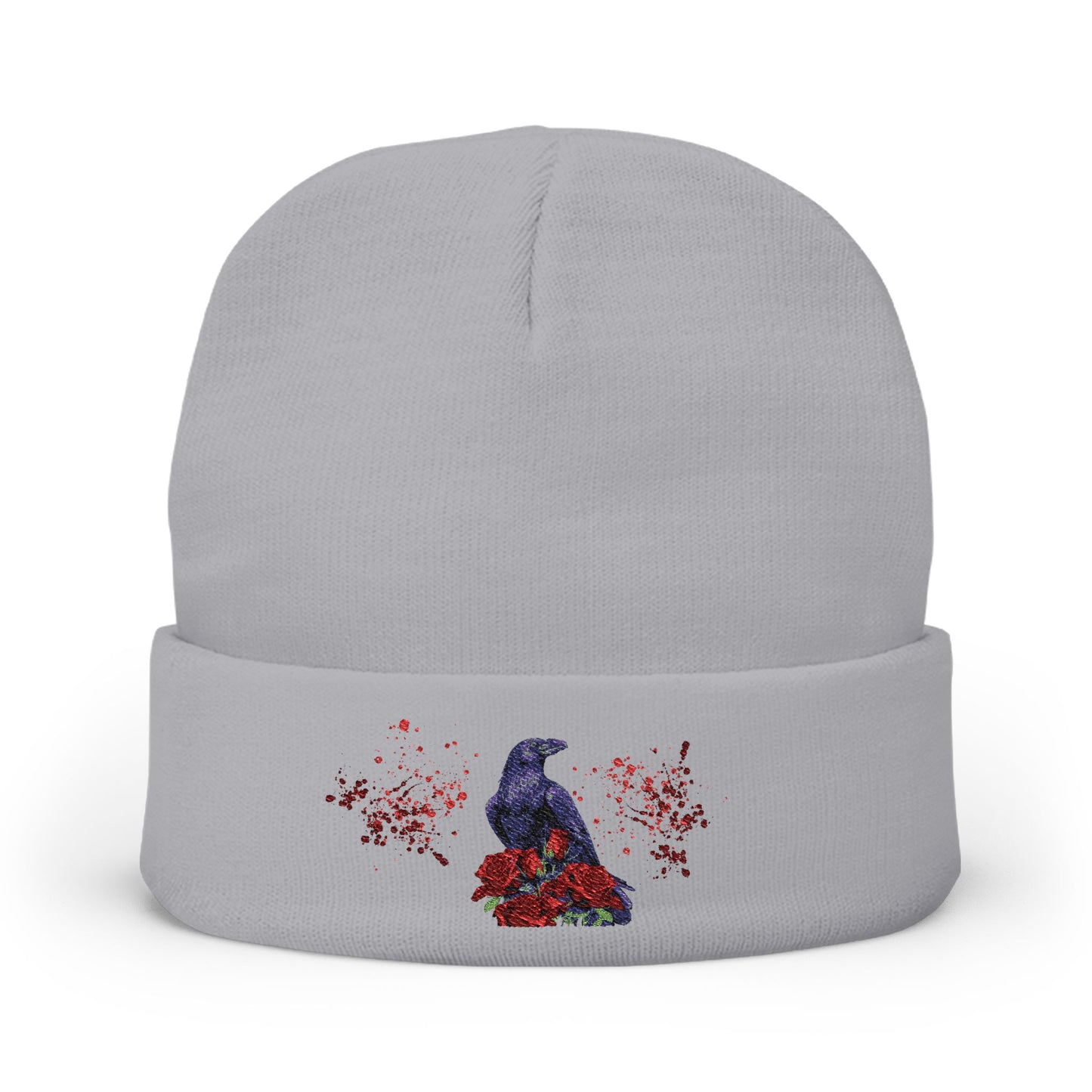 Black Feathers & Red Roses | Beanie Hat Embroidered | Handcrafted Cap
