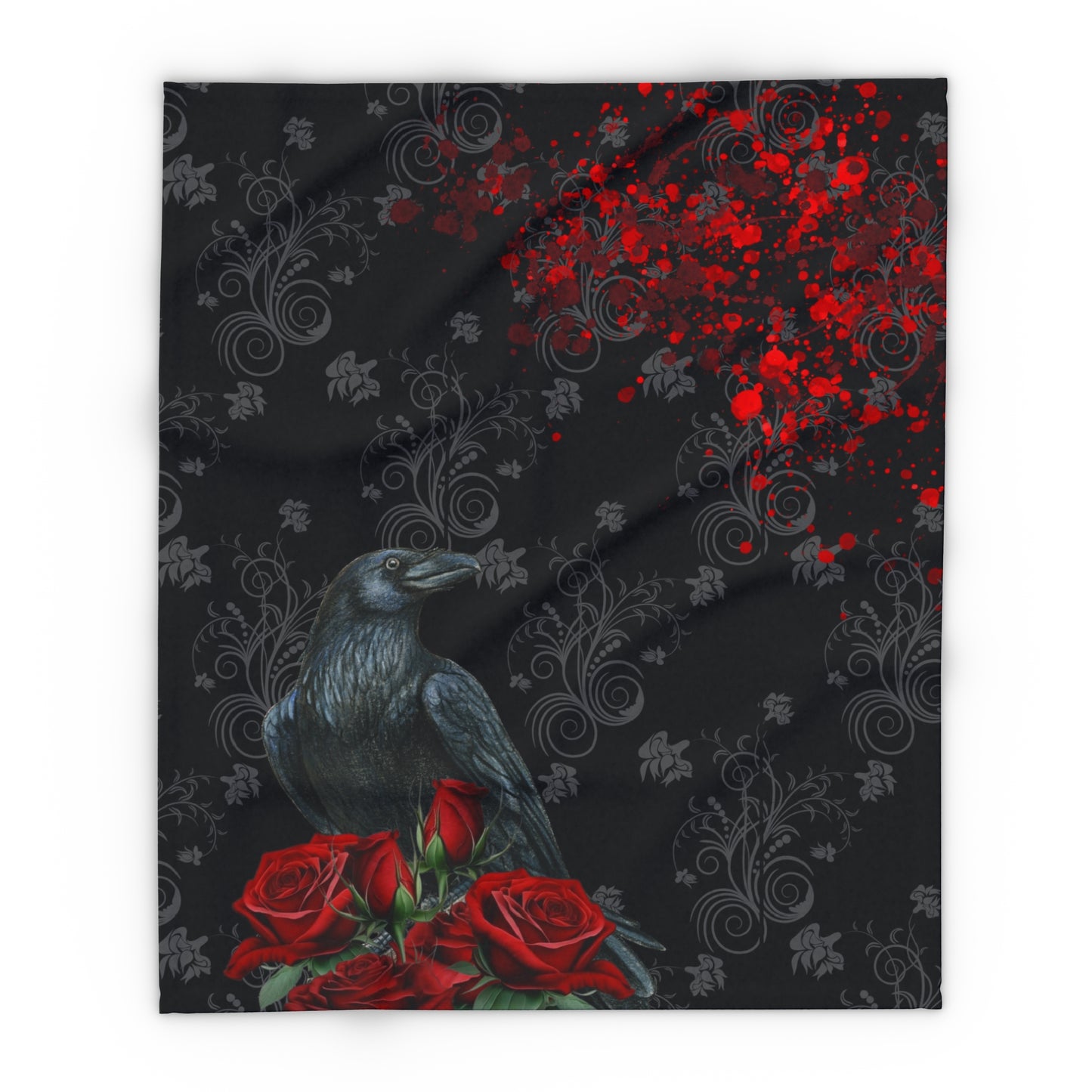 Black Feathers and Red Roses | Velveteen Microfiber Blanket