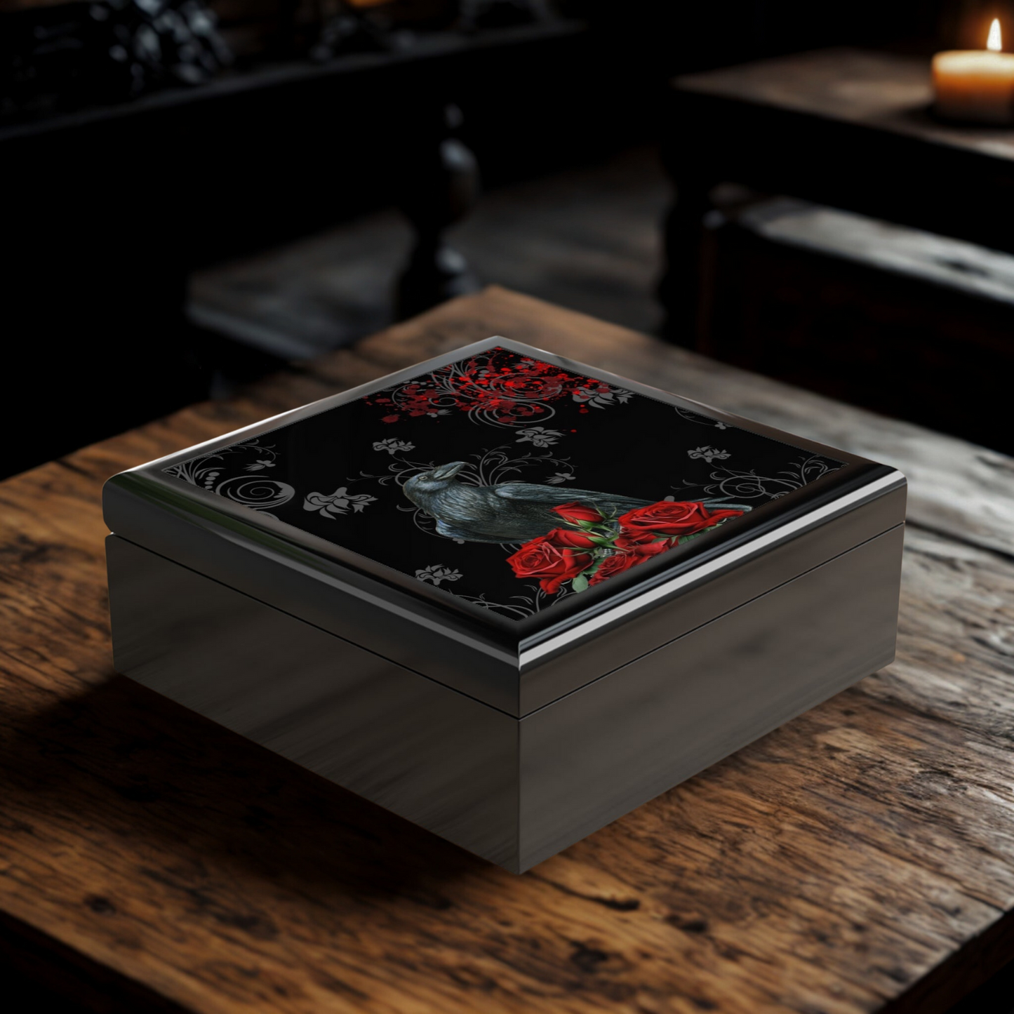 Black Feathers & Red Roses Jewelry Box