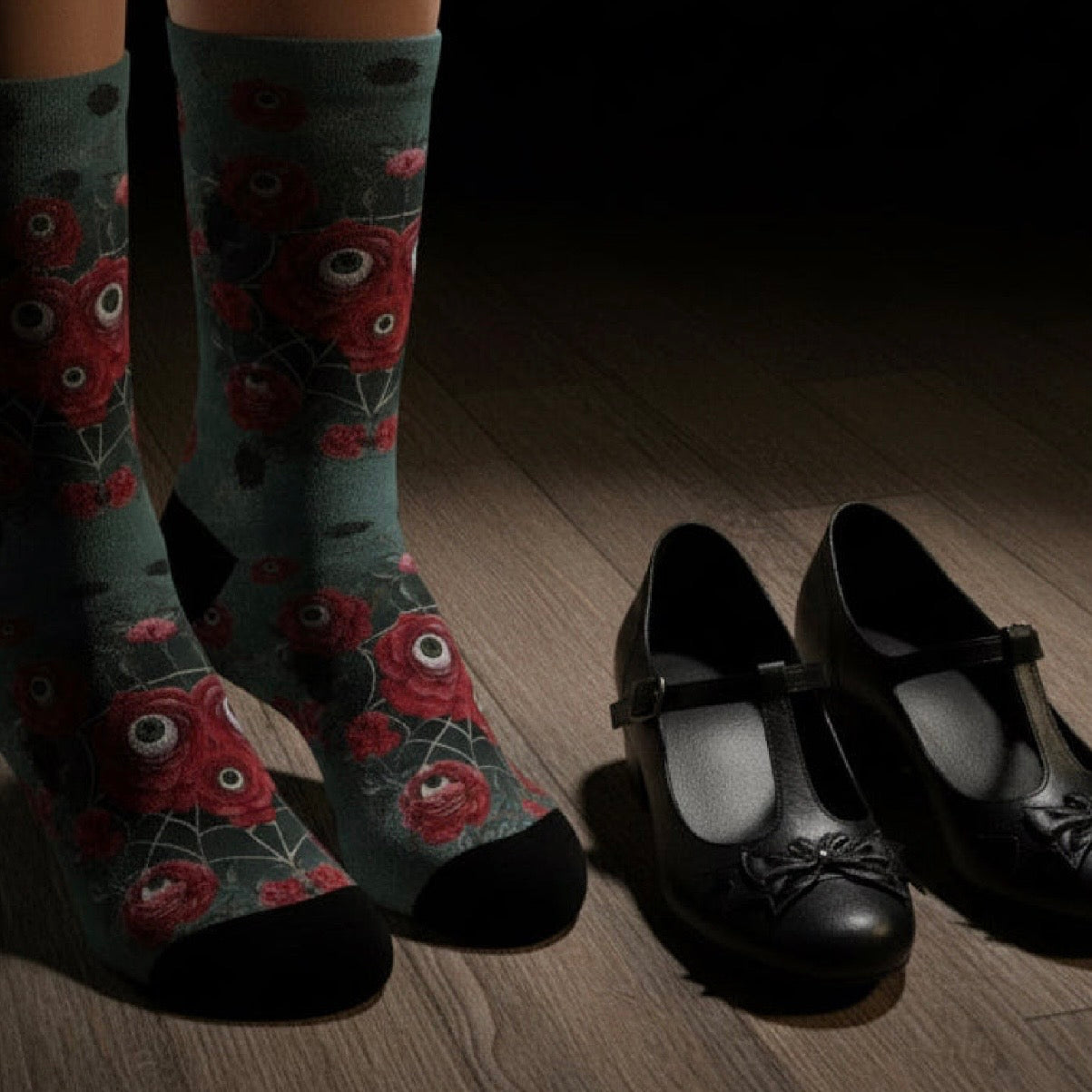 Ocular Floral Raven Socks | Gothic Crew Socks Poly Blend | Cozy and Scary