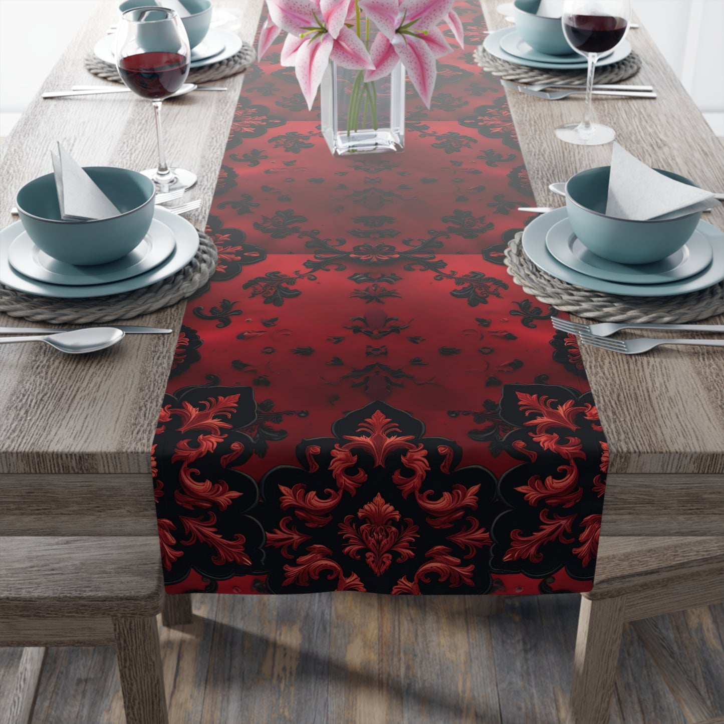 Scarlet Noir | Dark Red Damask | Table Runner