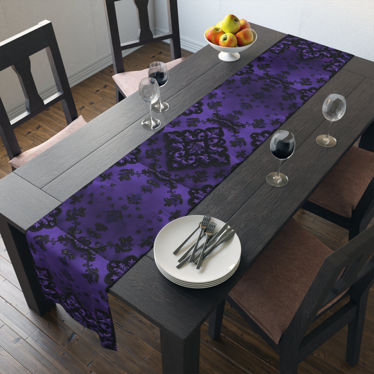 Royal Noir | Dark Purple Damask | Table Runner
