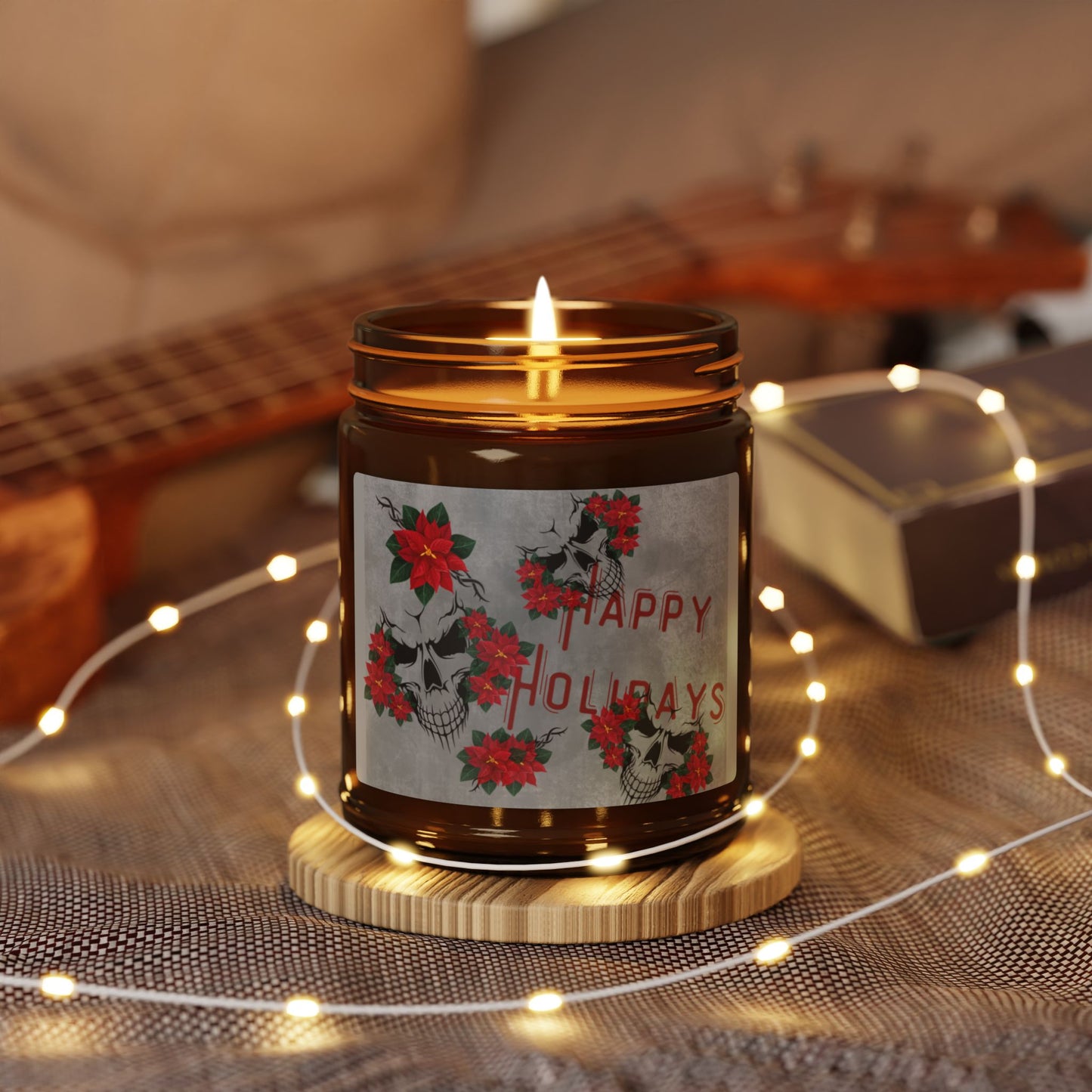 Soy Candle - Happy Holiday / Skulls and Poinsettia Scented Candle