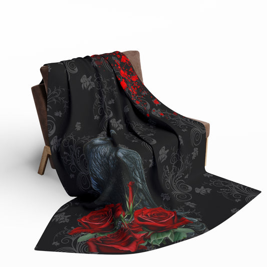 Black Feathers and Red Roses | Velveteen Microfiber Blanket