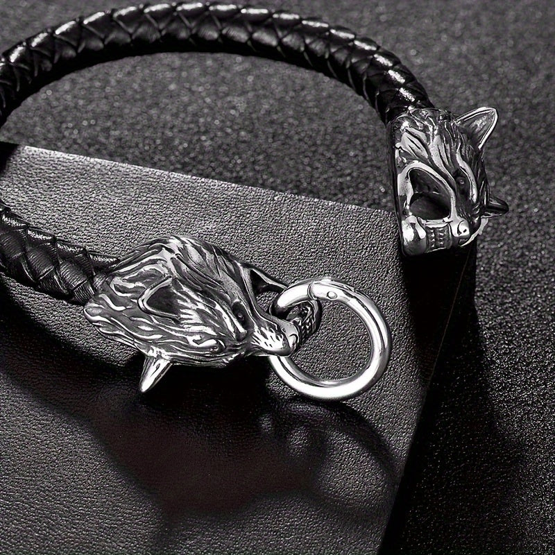Viking Wolf Head Bracelet | Faux Leather Rope Bracelet