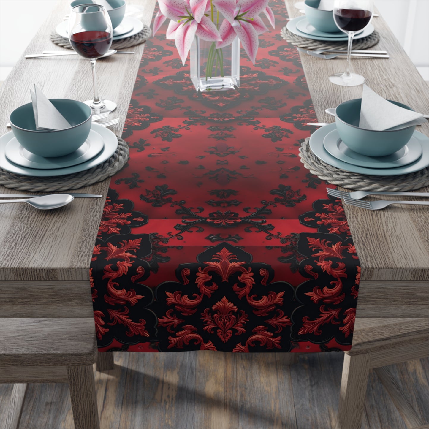 Scarlet Noir | Dark Red Damask | Table Runner