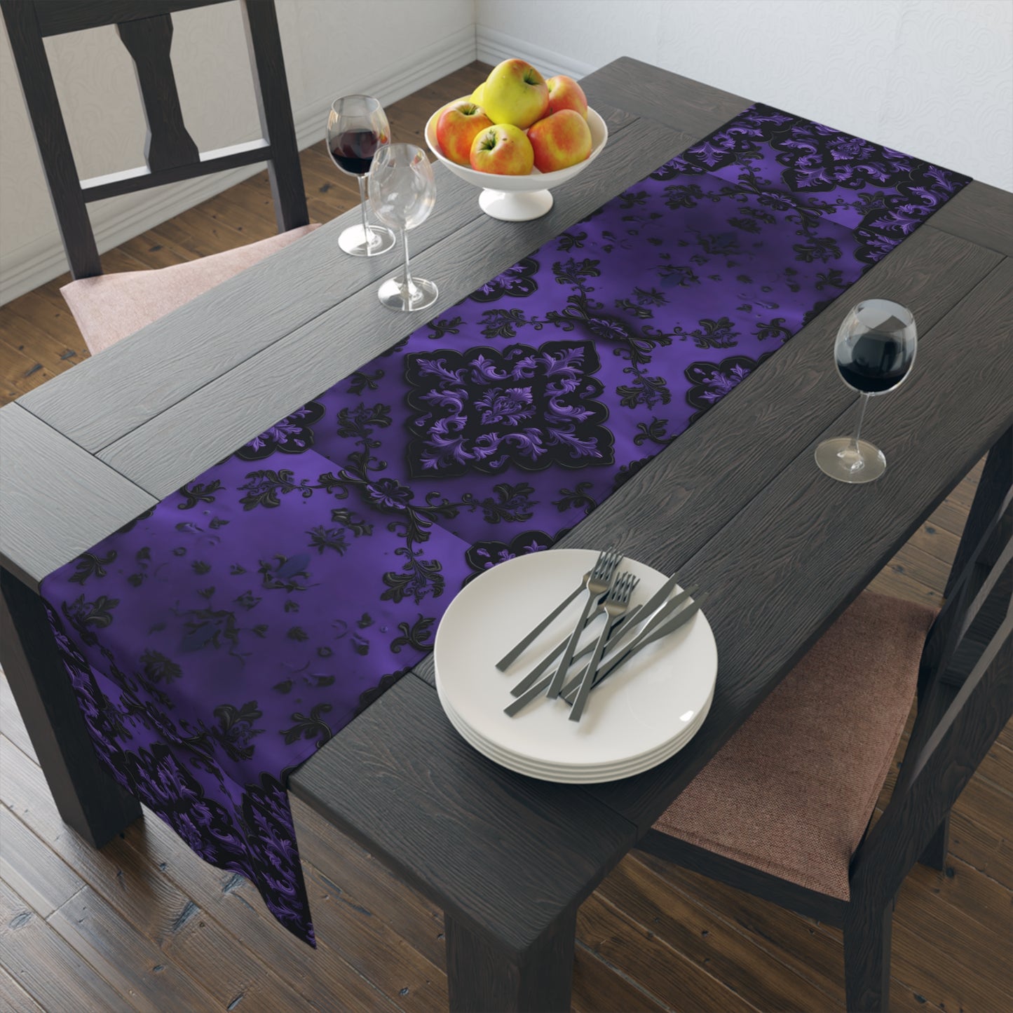 Royal Noir | Dark Purple Damask | Table Runner