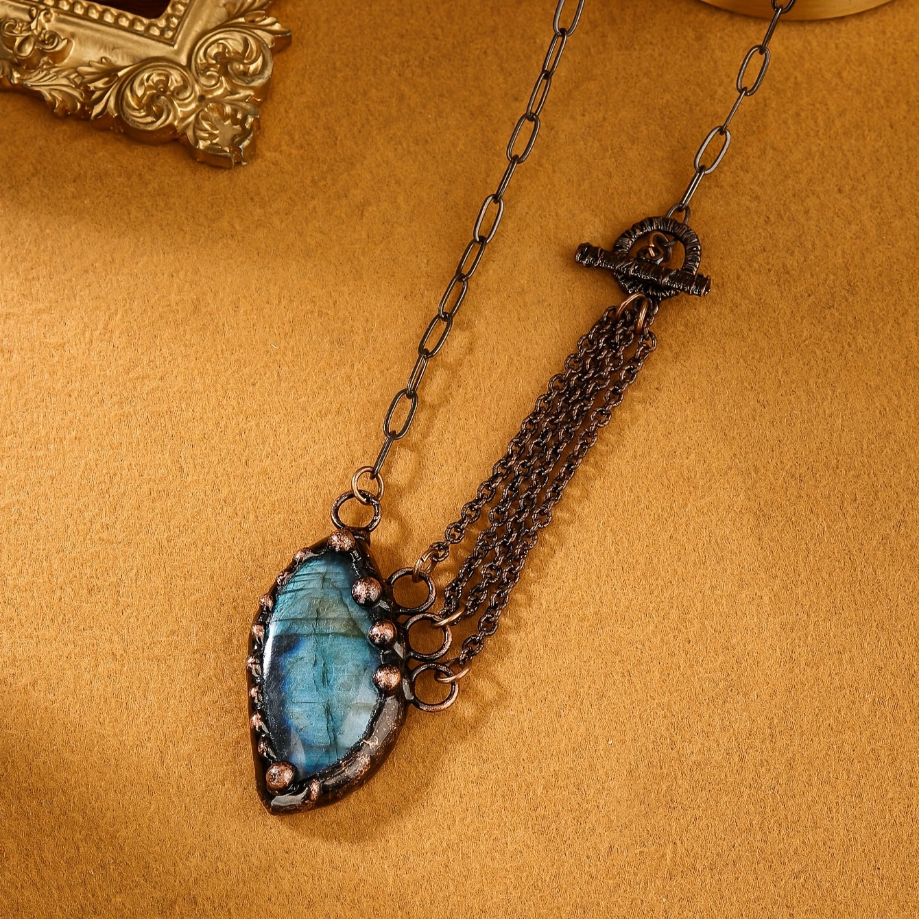 Natural Labradorite Stone Bronzer Color Pendant Multilayer Necklace