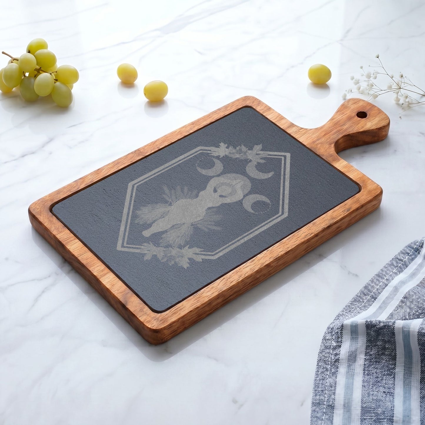 Engraved Acacia Charcuterie Board with Slate Inlay | Honoring | Celtic Trinity & Leaf Design
