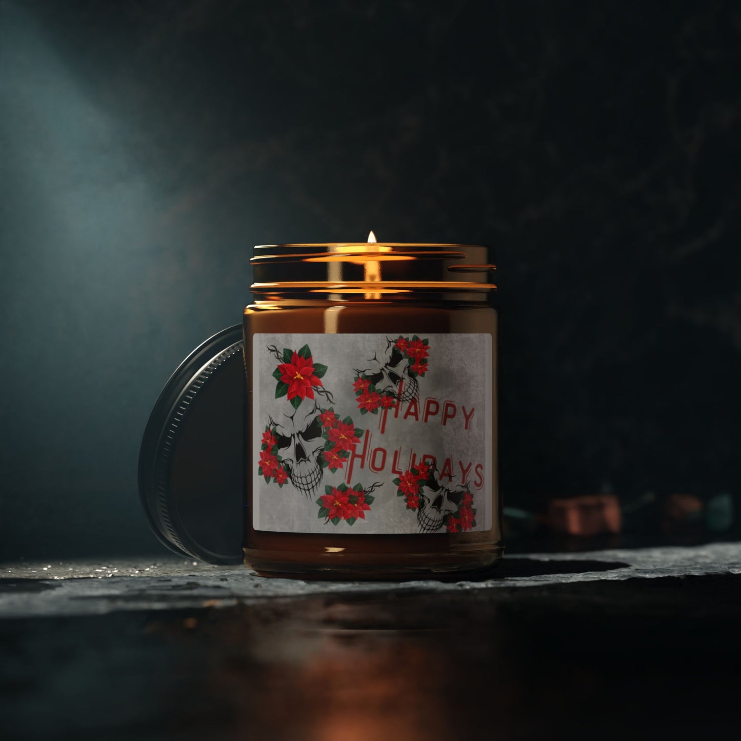 Soy Candle - Happy Holiday / Skulls and Poinsettia Scented Candle