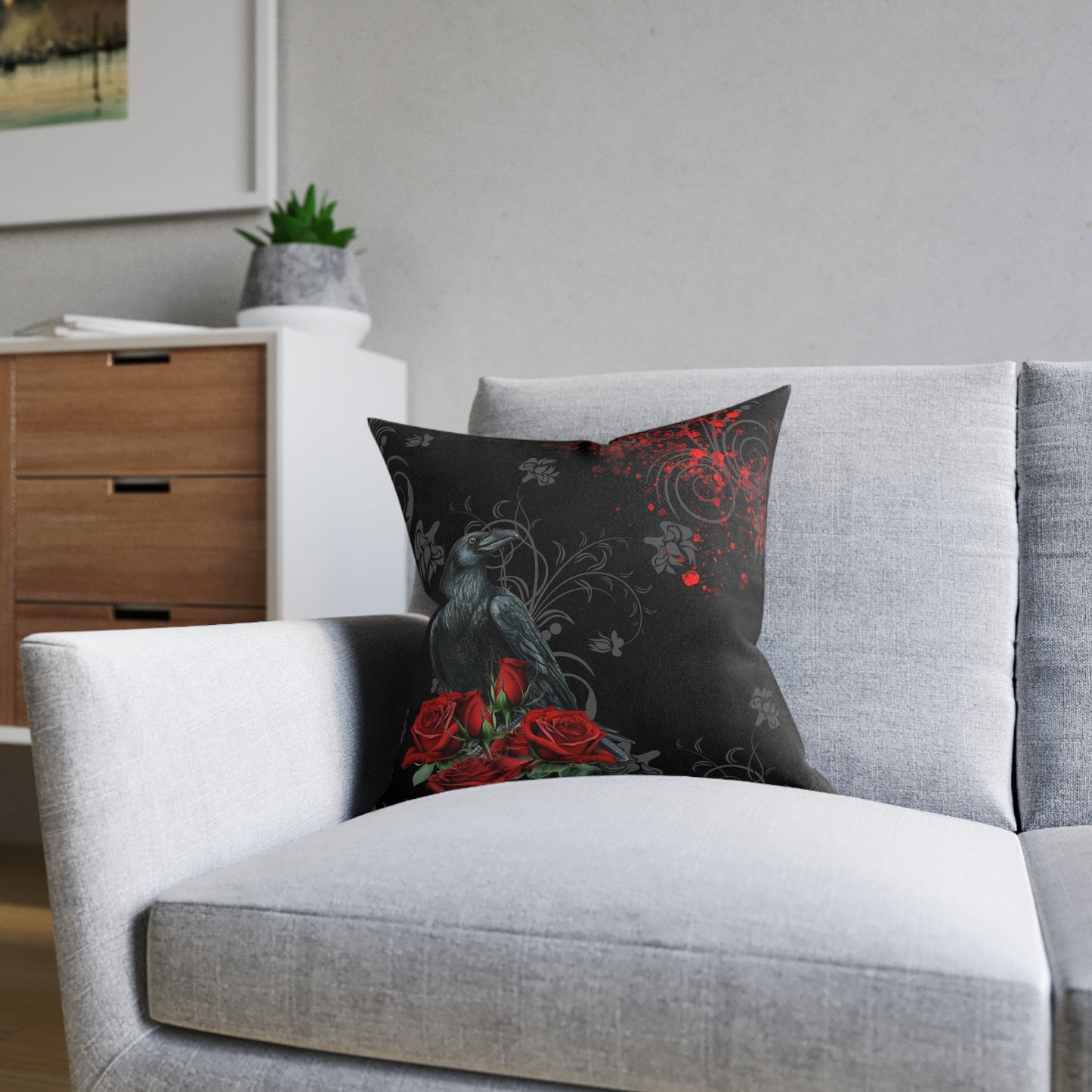 Black Feather and Red Roses - Gothic Raven Design | Square Pillow (3 Sizes)