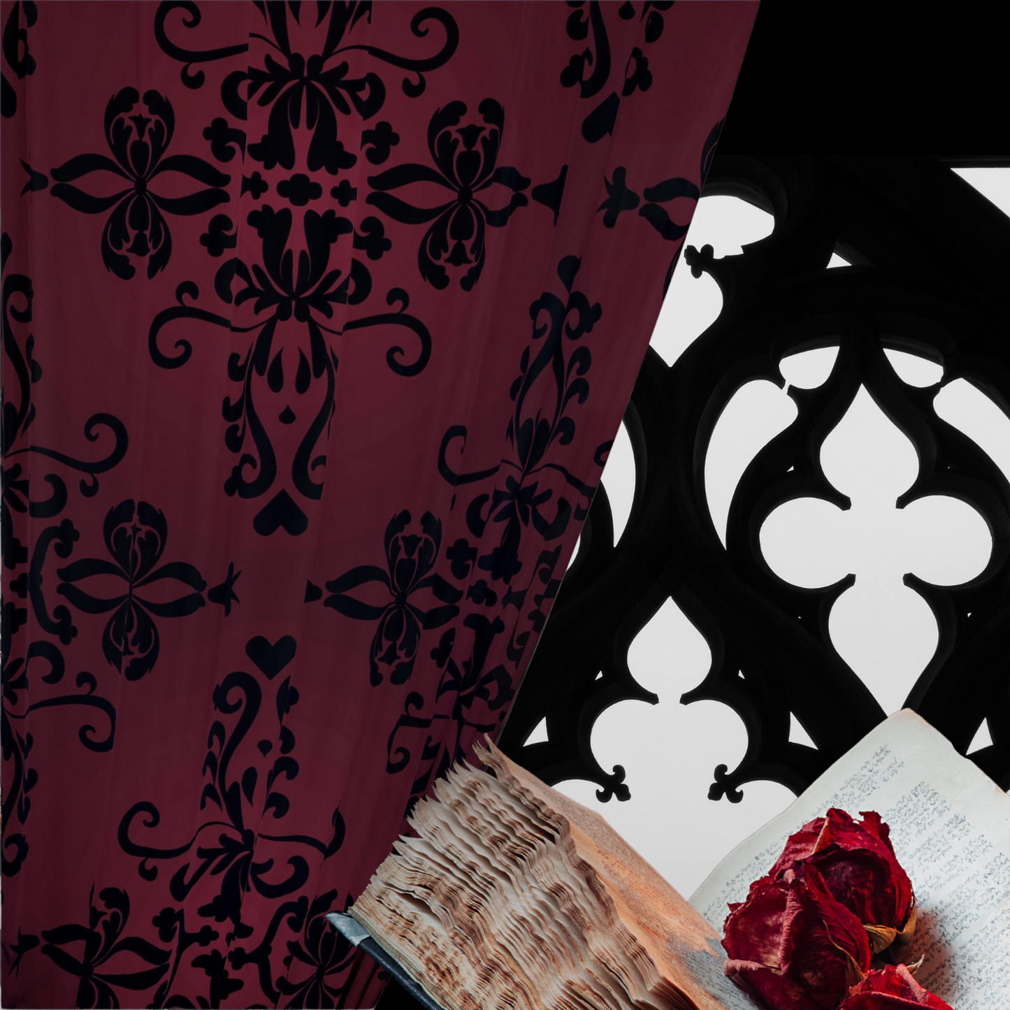 Sangria Red Blackout Curtains - Gothic Damask Print - Dark Home Decor