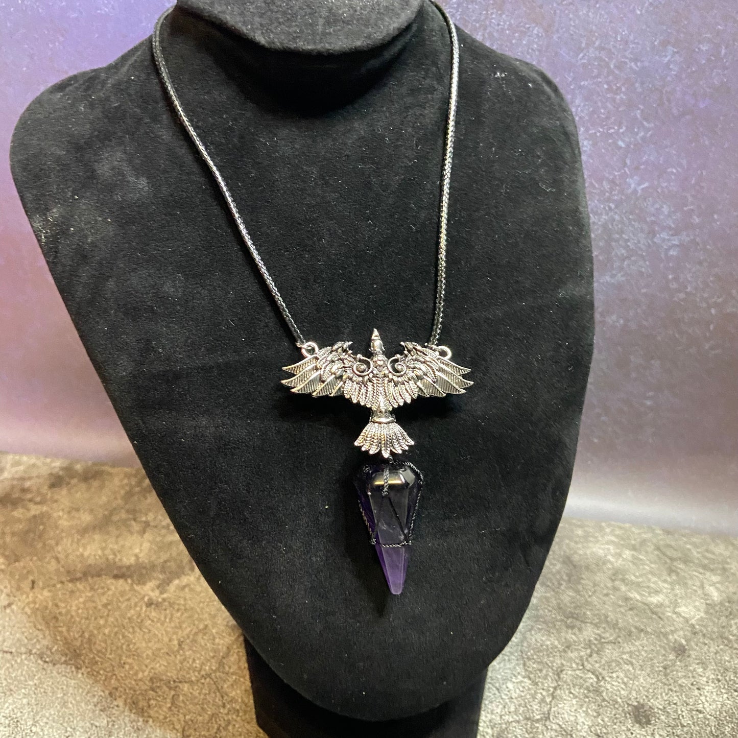 Raven with Amethyst Spike | Adjustable Cord Necklace