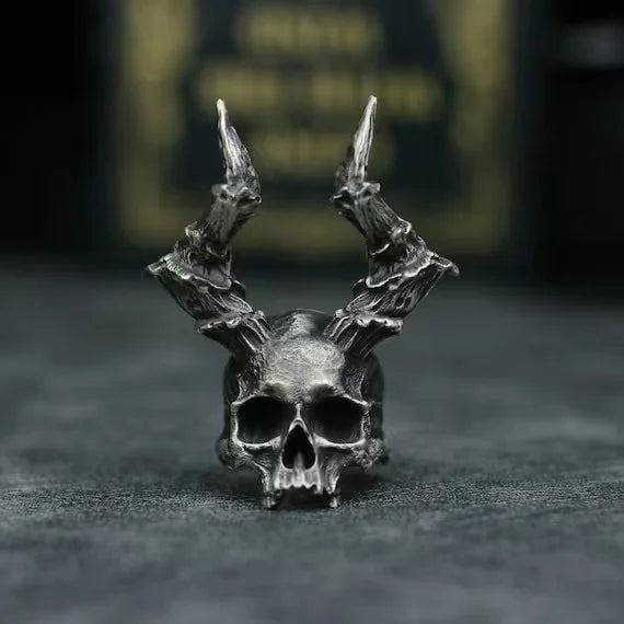 Long Horned Devil Skull Ring | Stainless Steel Stone Carved