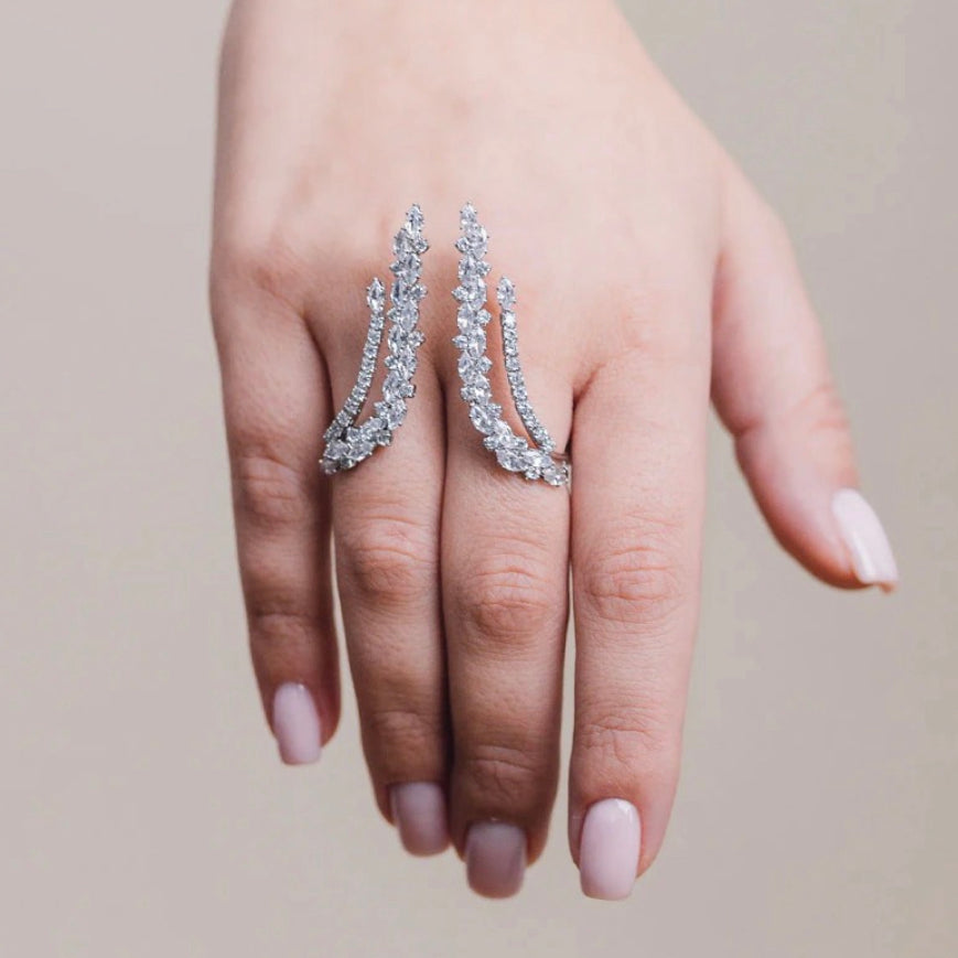 Rhinestone Two Finger Hand Piece |  CZ Two Finger Ring Cuff | Hand Cuff Bangle / Ring