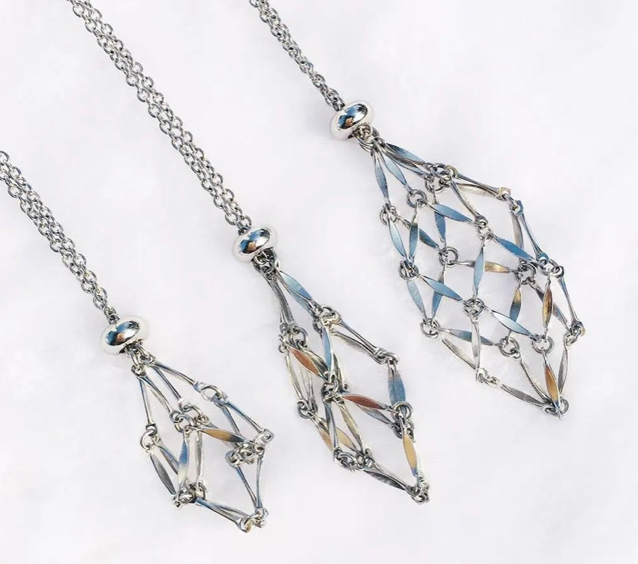 Silver Crystal Net Necklace | Crystal Holder Cage Necklace