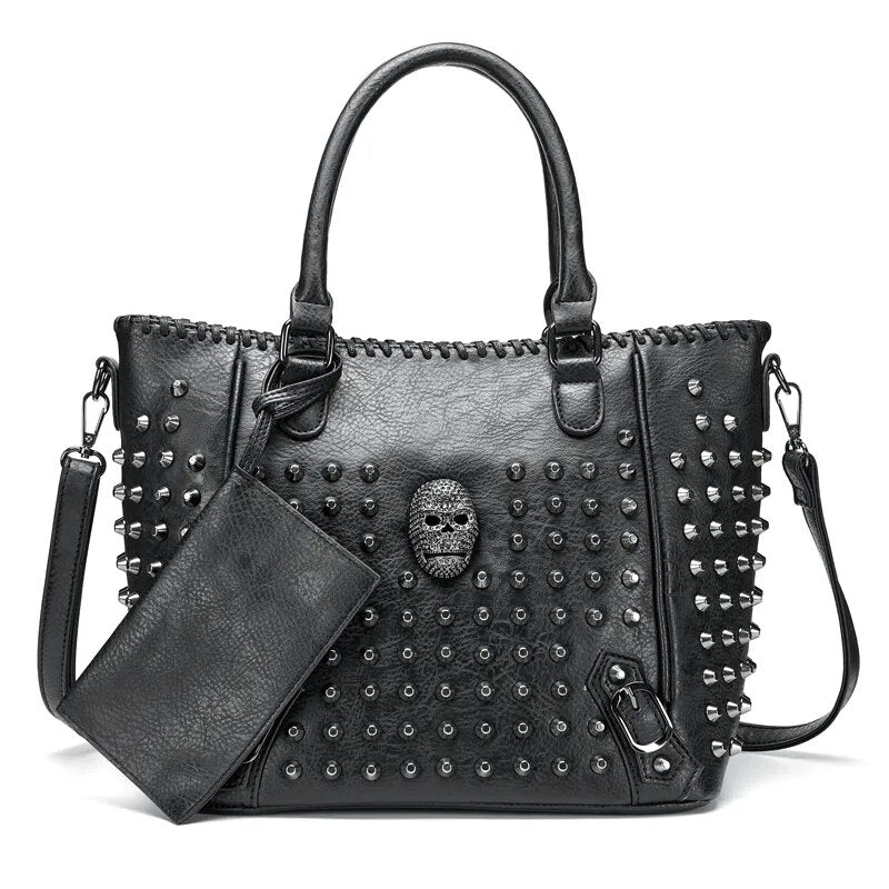 Skull Rivet Tote Bag | Black Shoulder Bag Faux Leather