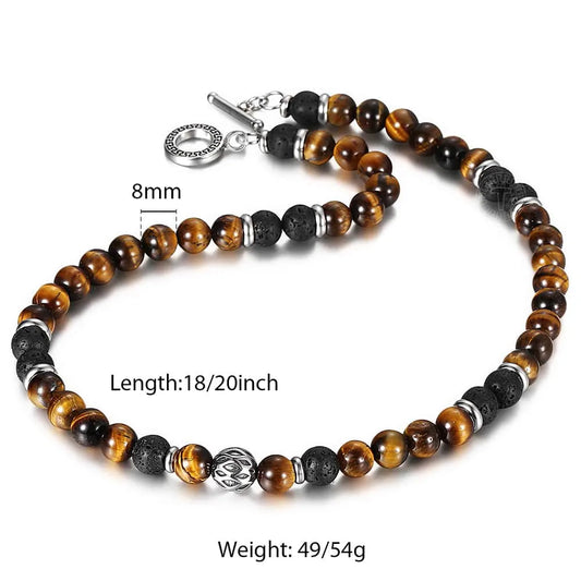 8mm Natural Stone Necklace | Stainless Steel Beaded Choker | Neck 18/20inch