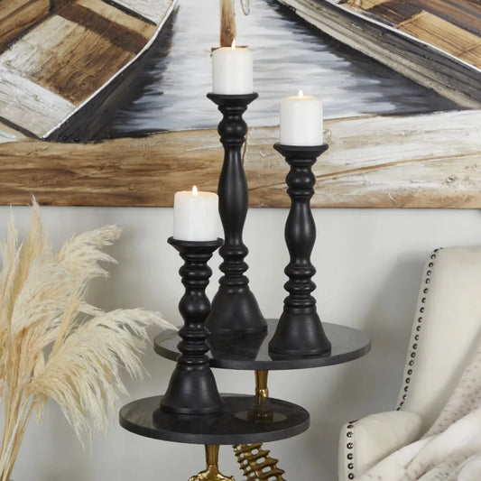 Candle Holders Set of 3 | Black Wood Turned | Pillar Candle Holder Pedestal