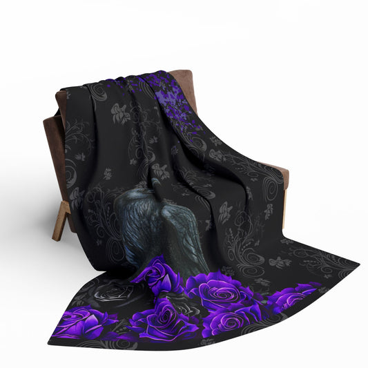 Black Feathers and Purple Roses | Gothic Home Decor | Velveteen Microfiber Blanket