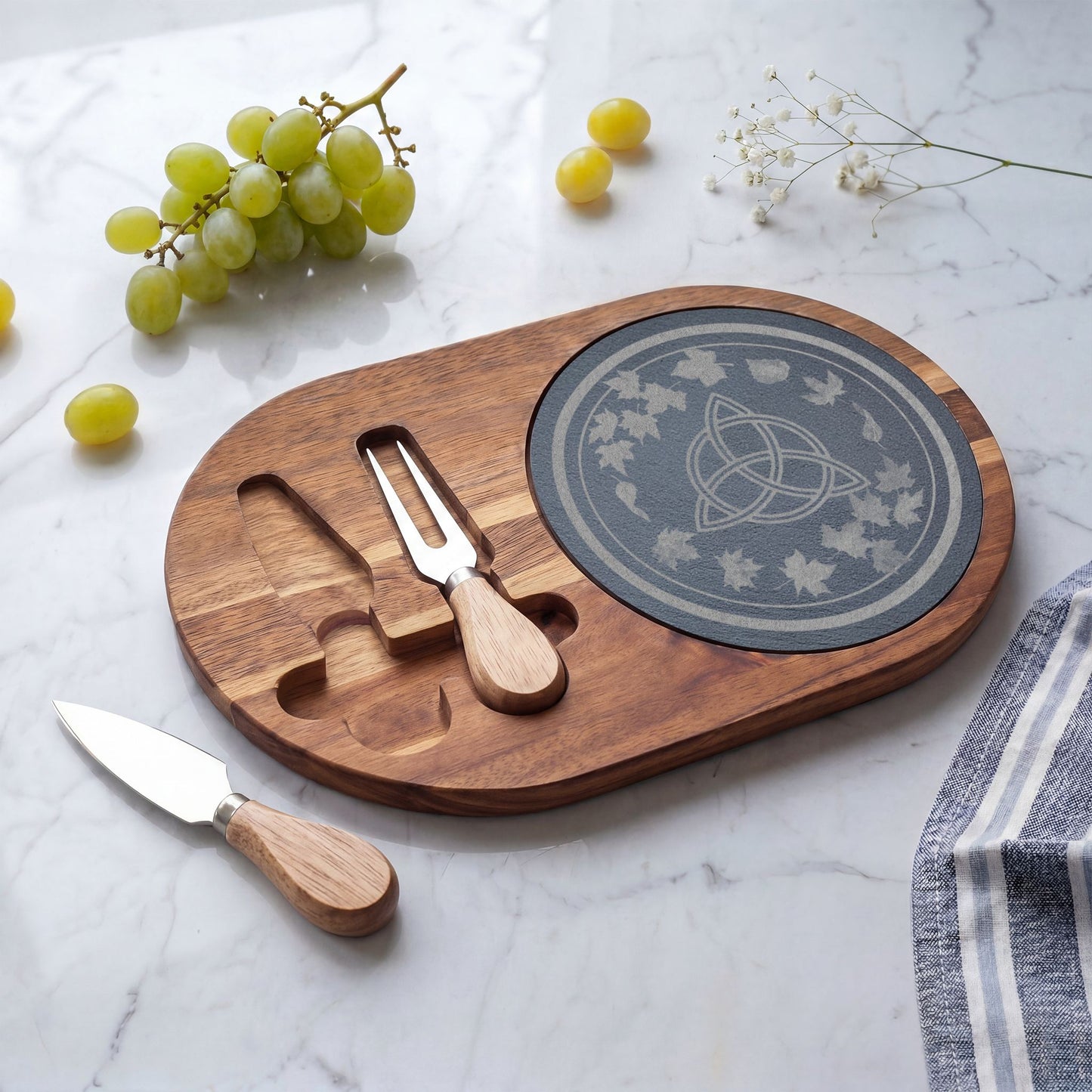Engraved Acacia Charcuterie Board with Slate Inlay | Transition | Celtic Trinity & Leaf Design