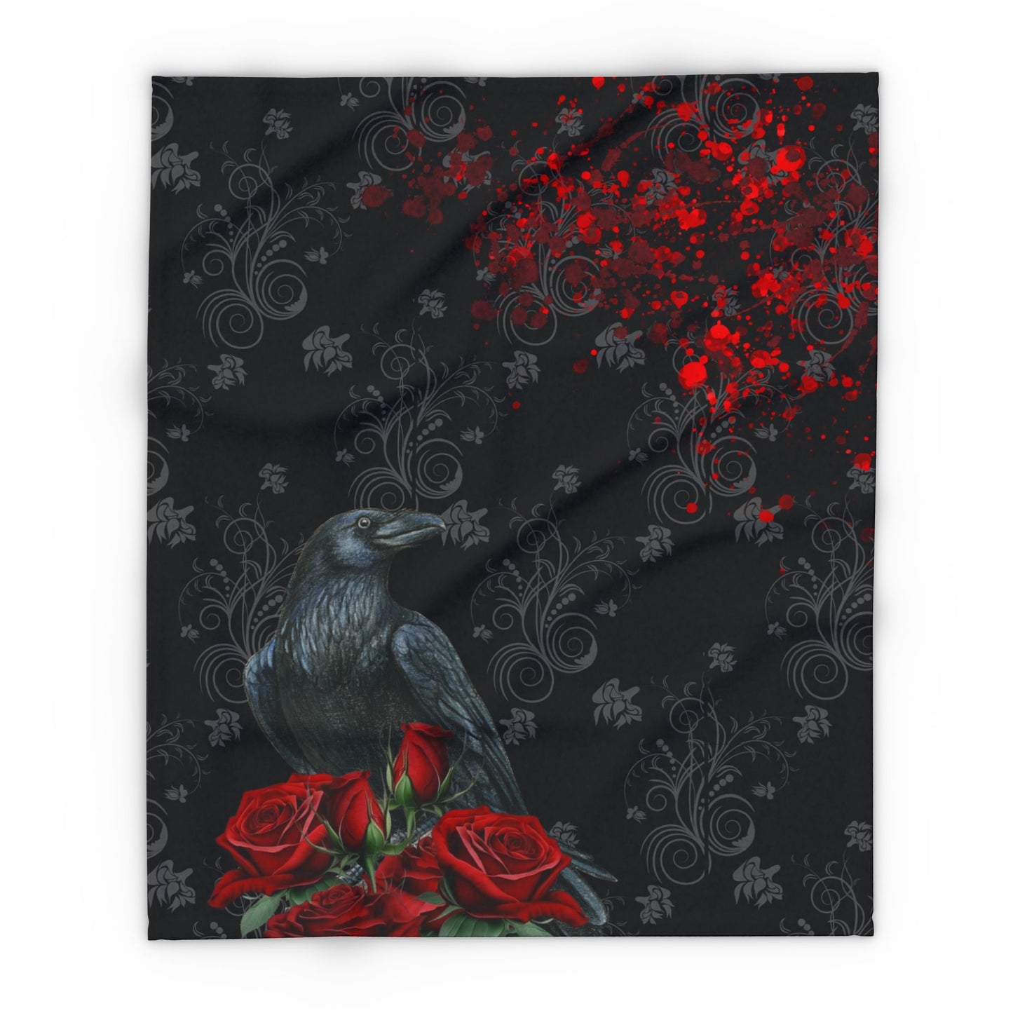 Black Feathers and Red Roses | Gothic Home Decor | Velveteen Microfiber Blanket