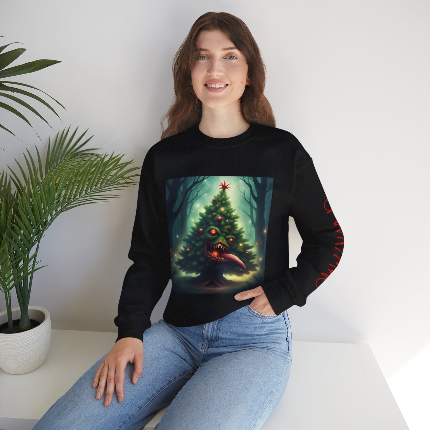 Xmas Tree Attacks! | Spookymas Crewneck Sweatshirt - Cozy Ugly Holiday Pullover