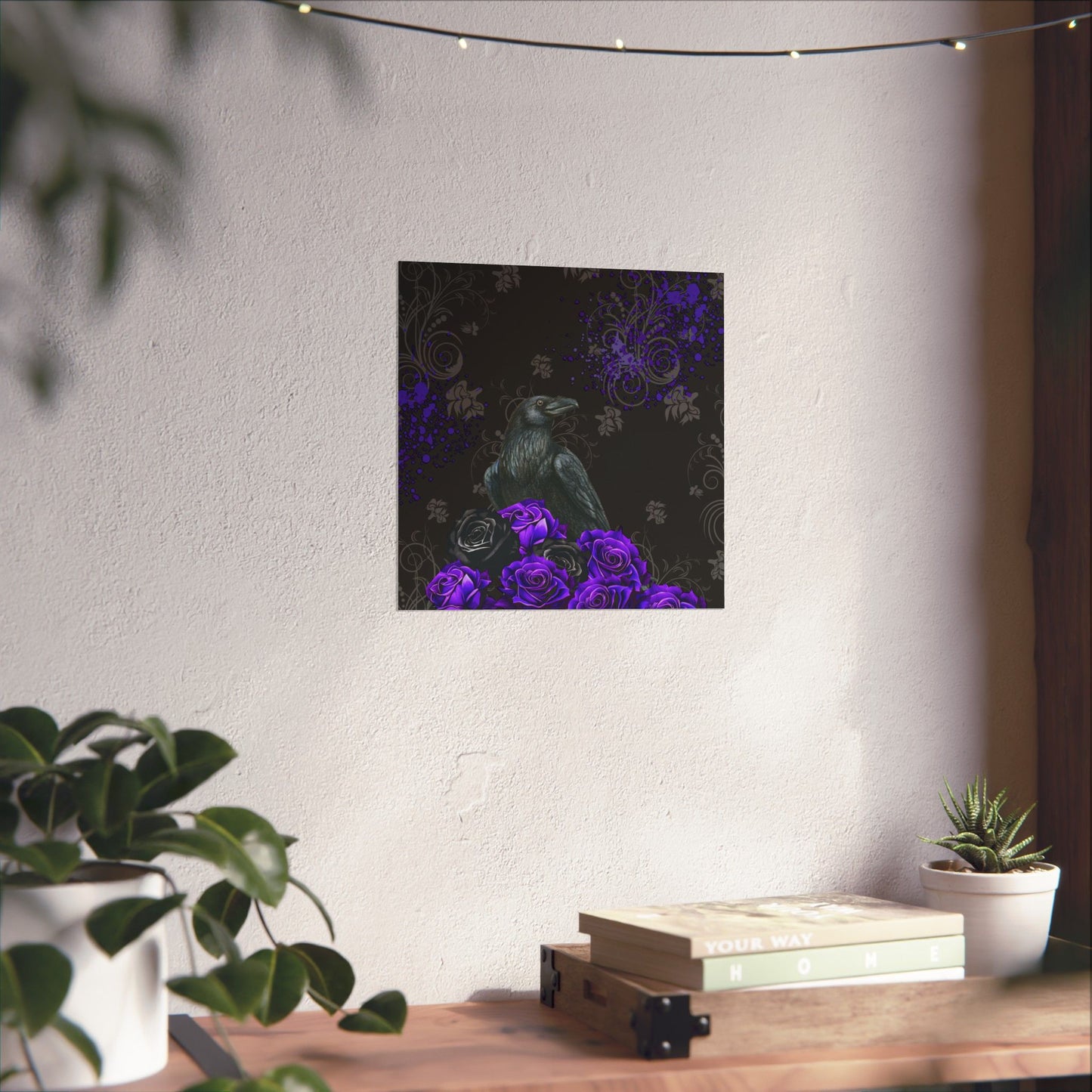 Gothic Raven Poster — Purple Roses Matte Vertical Wall Art