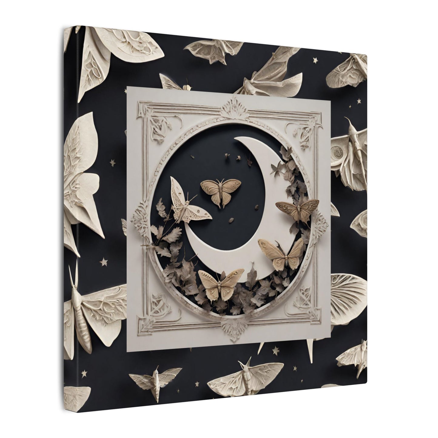 Moon & Moths Matte Canvas Wall Art — Surreal Lunar Nature Print