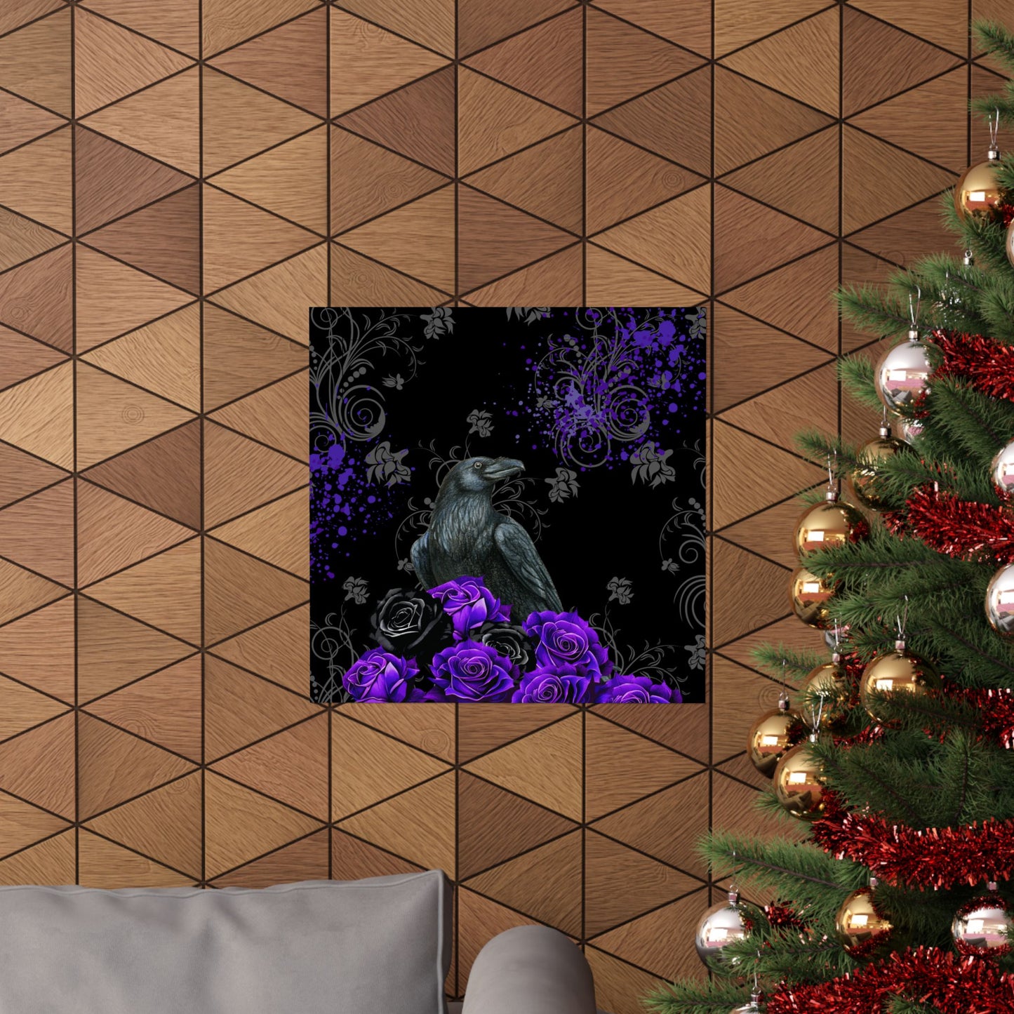 Gothic Raven Poster — Purple Roses Matte Vertical Wall Art