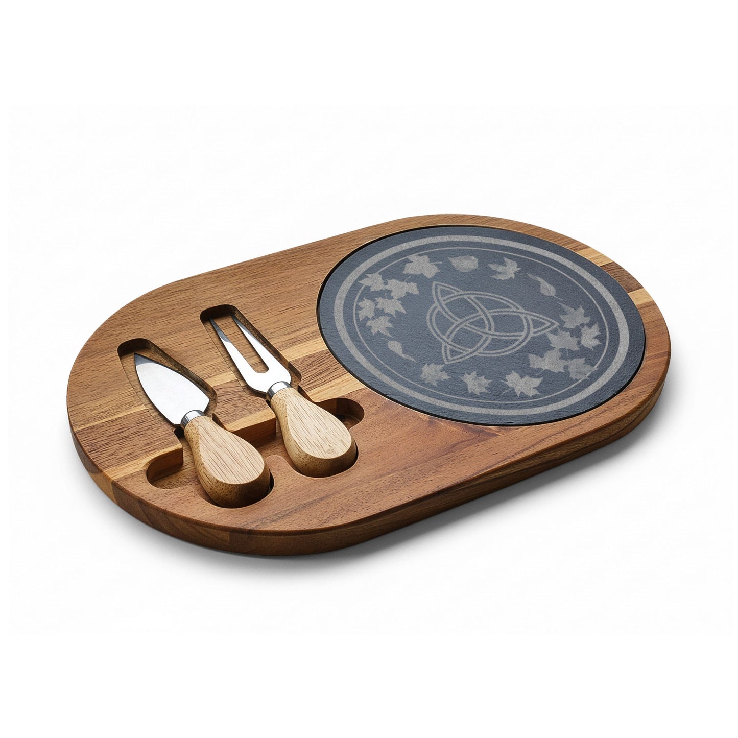 Engraved Acacia Charcuterie Board with Slate Inlay | Transition | Celtic Trinity & Leaf Design