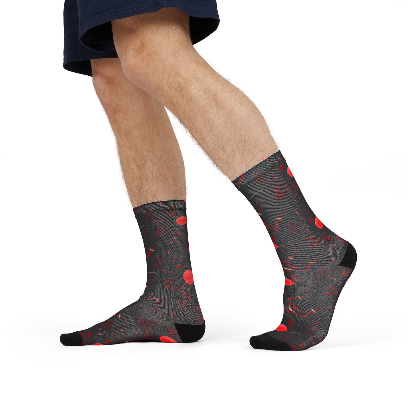 Red Orb Pattern Crew Socks — Dark Abstract Sublimation Socks
