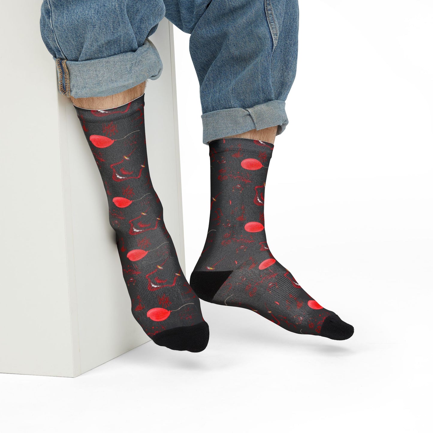 Red Orb Pattern Crew Socks — Dark Abstract Sublimation Socks