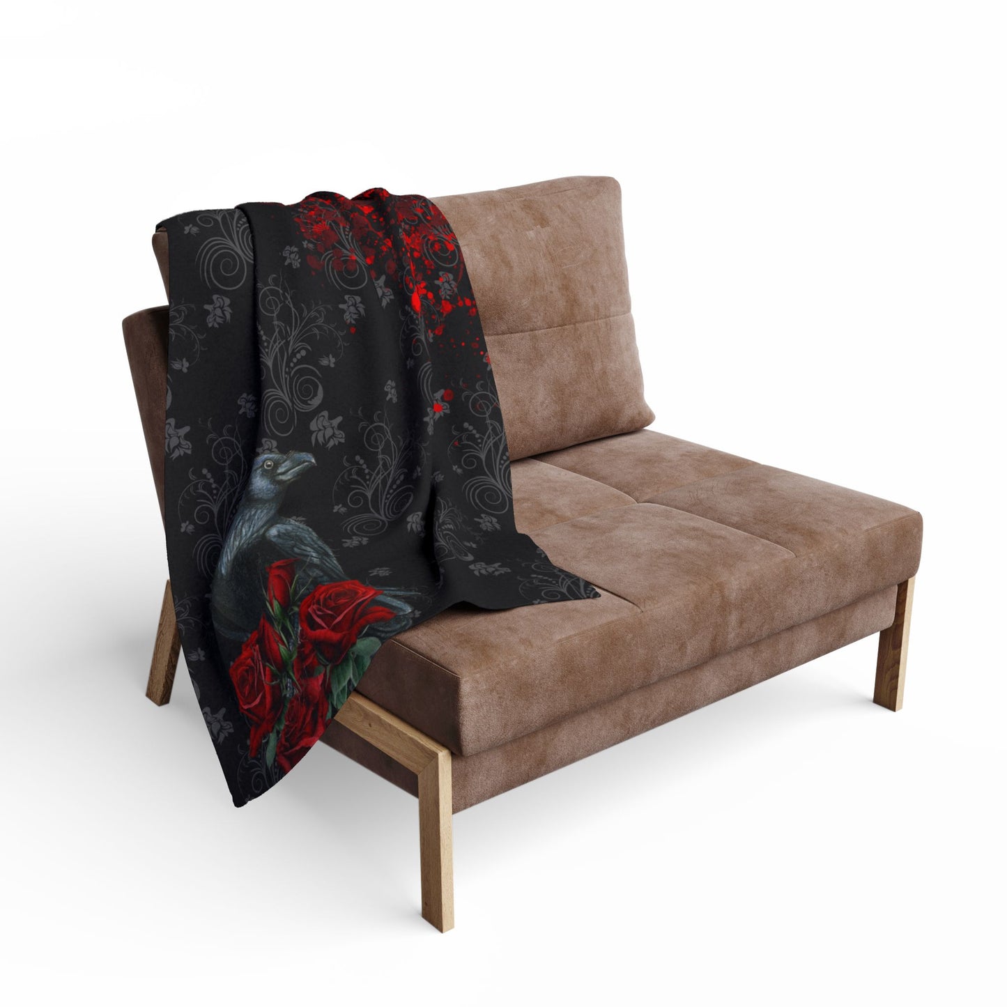 Black Feathers and Red Roses | Gothic Home Decor | Velveteen Microfiber Blanket