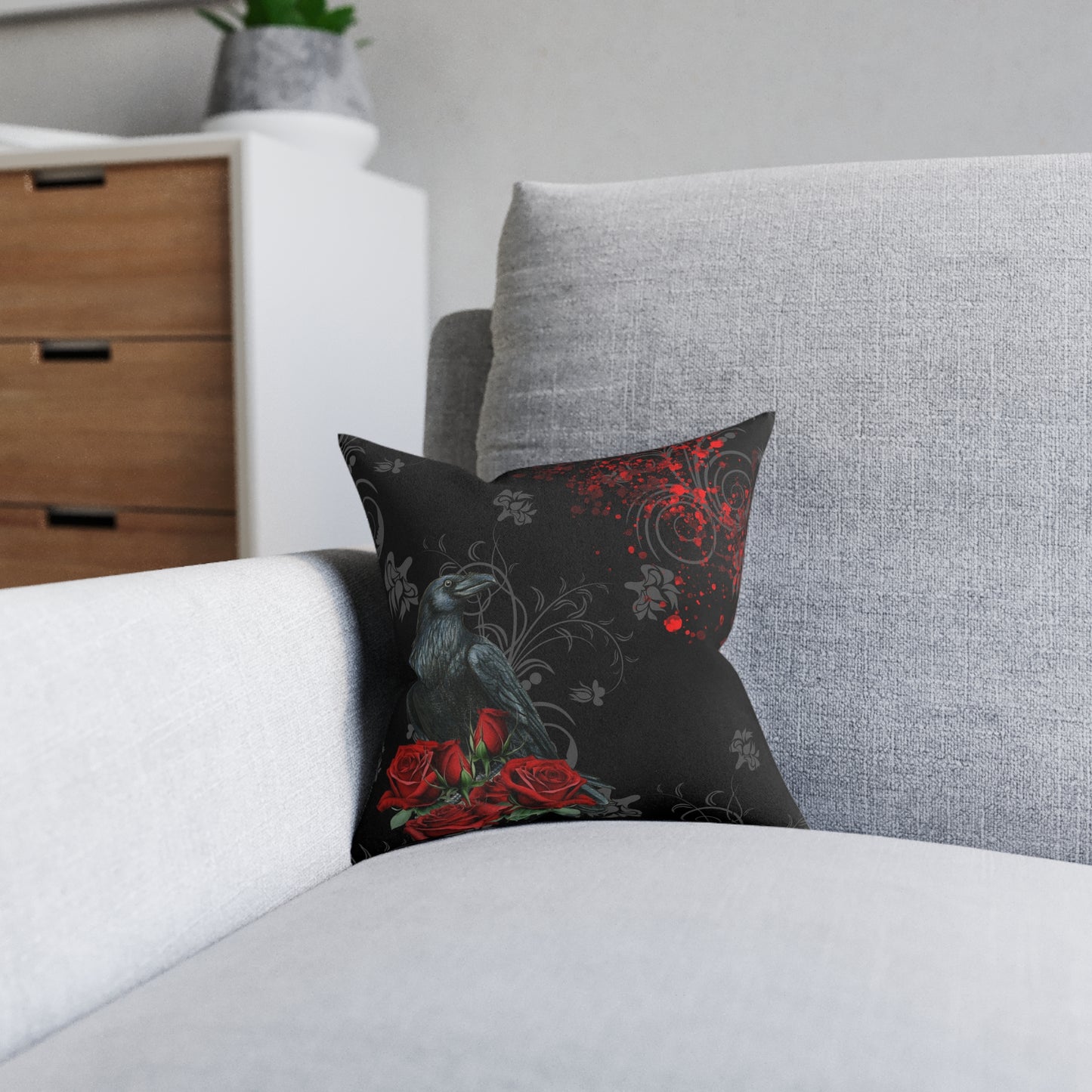 Black Feather and Red Roses - Gothic Raven Design | Square Pillow (3 Sizes)