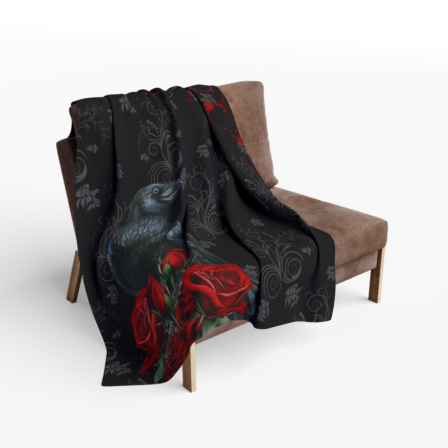 Black Feathers and Red Roses | Gothic Home Decor | Velveteen Microfiber Blanket