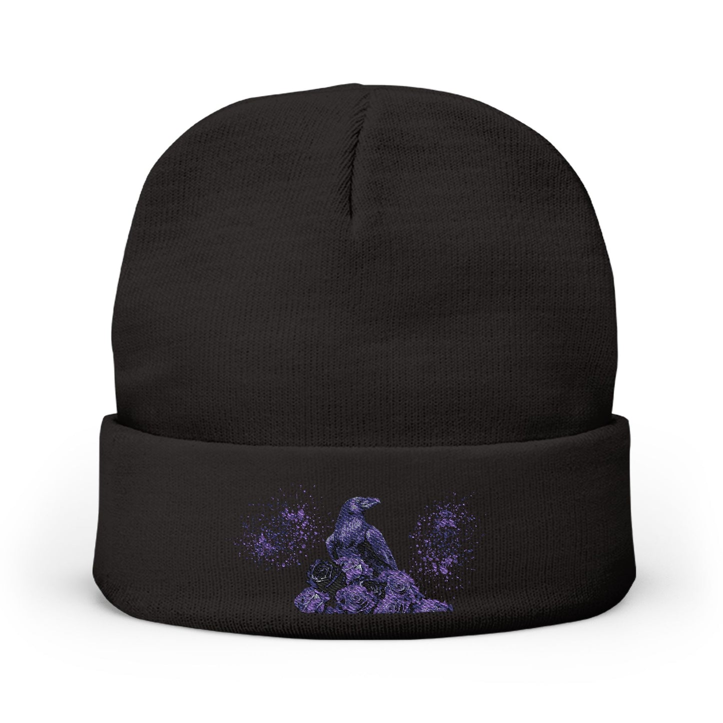Black Feathers & Purple Roses | Beanie Hat Embroidered | Handcrafted Cap