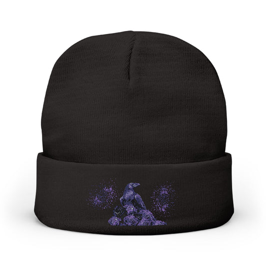 Black Feathers & Purple Roses | Beanie Hat Embroidered | Handcrafted Cap