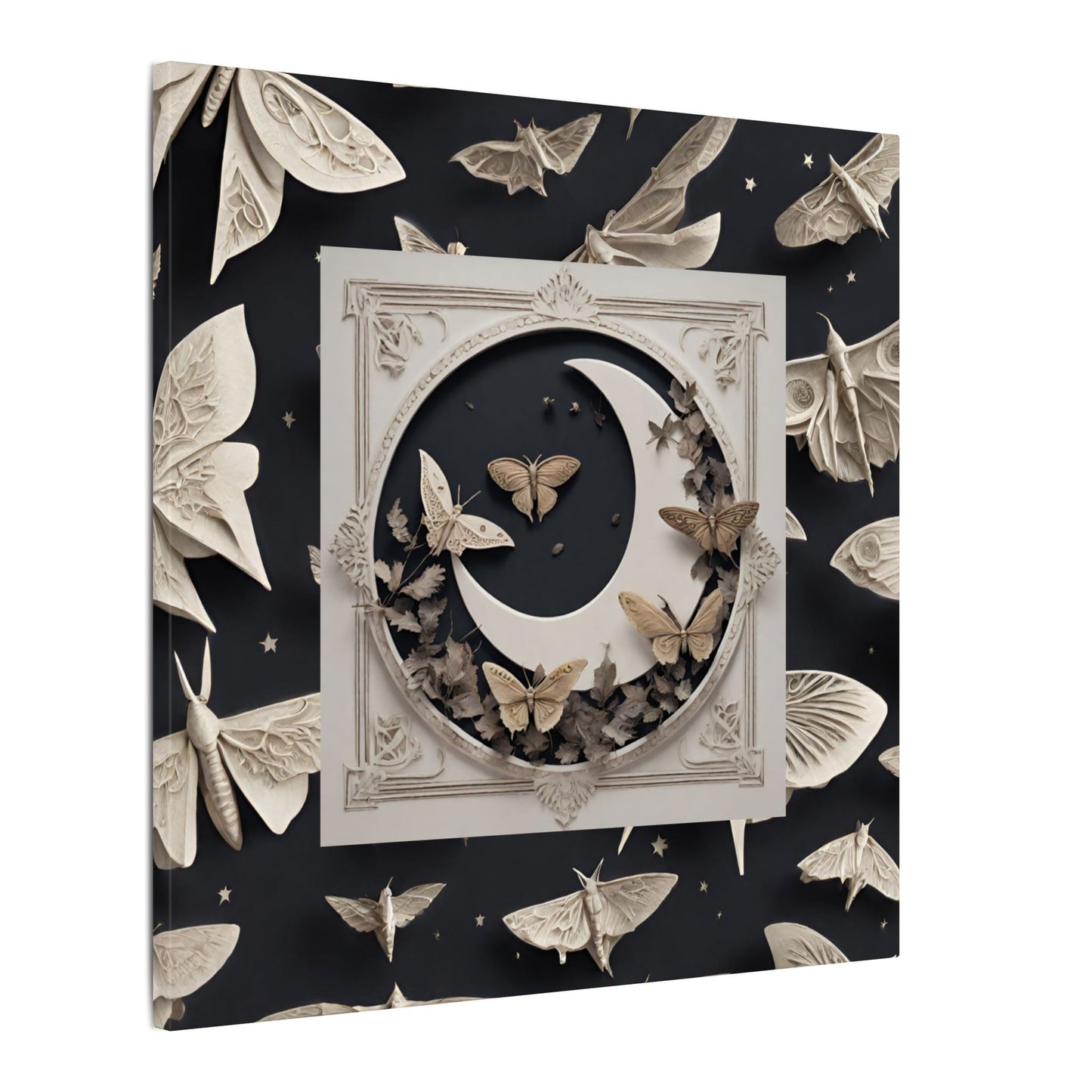Moon & Moths Matte Canvas Wall Art — Surreal Lunar Nature Print