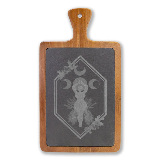 Engraved Acacia Charcuterie Board with Slate Inlay | Honoring | Celtic Trinity & Leaf Design