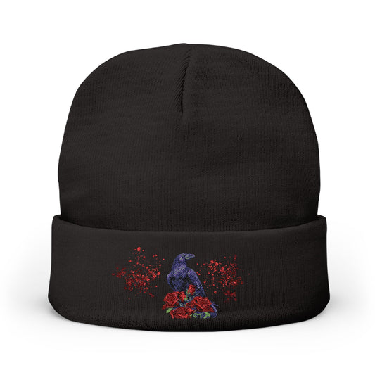 Black Feathers & Red Roses | Beanie Hat Embroidered | Handcrafted Cap