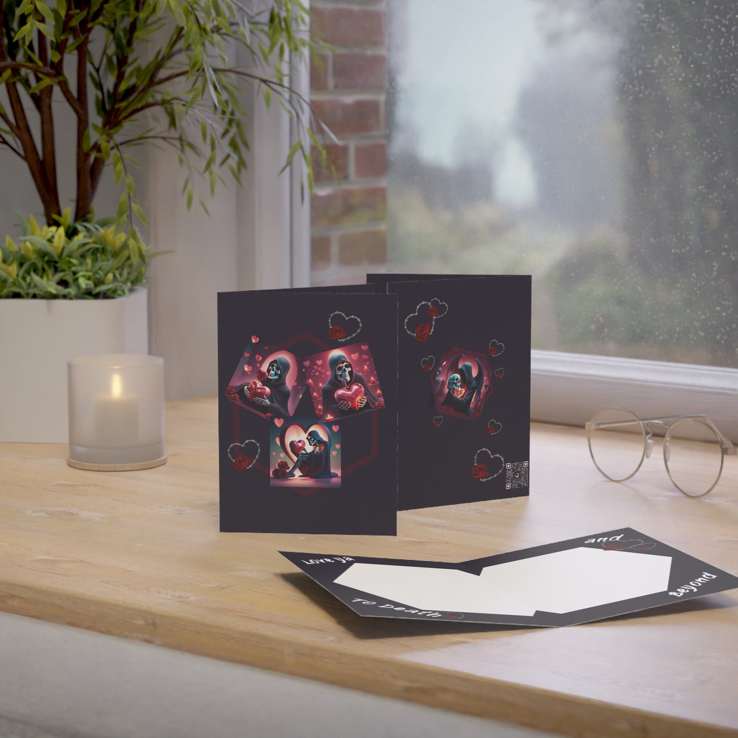 Love Ya to Death Greeting Card — Gothic Grim Reaper Hearts (Pack Options)
