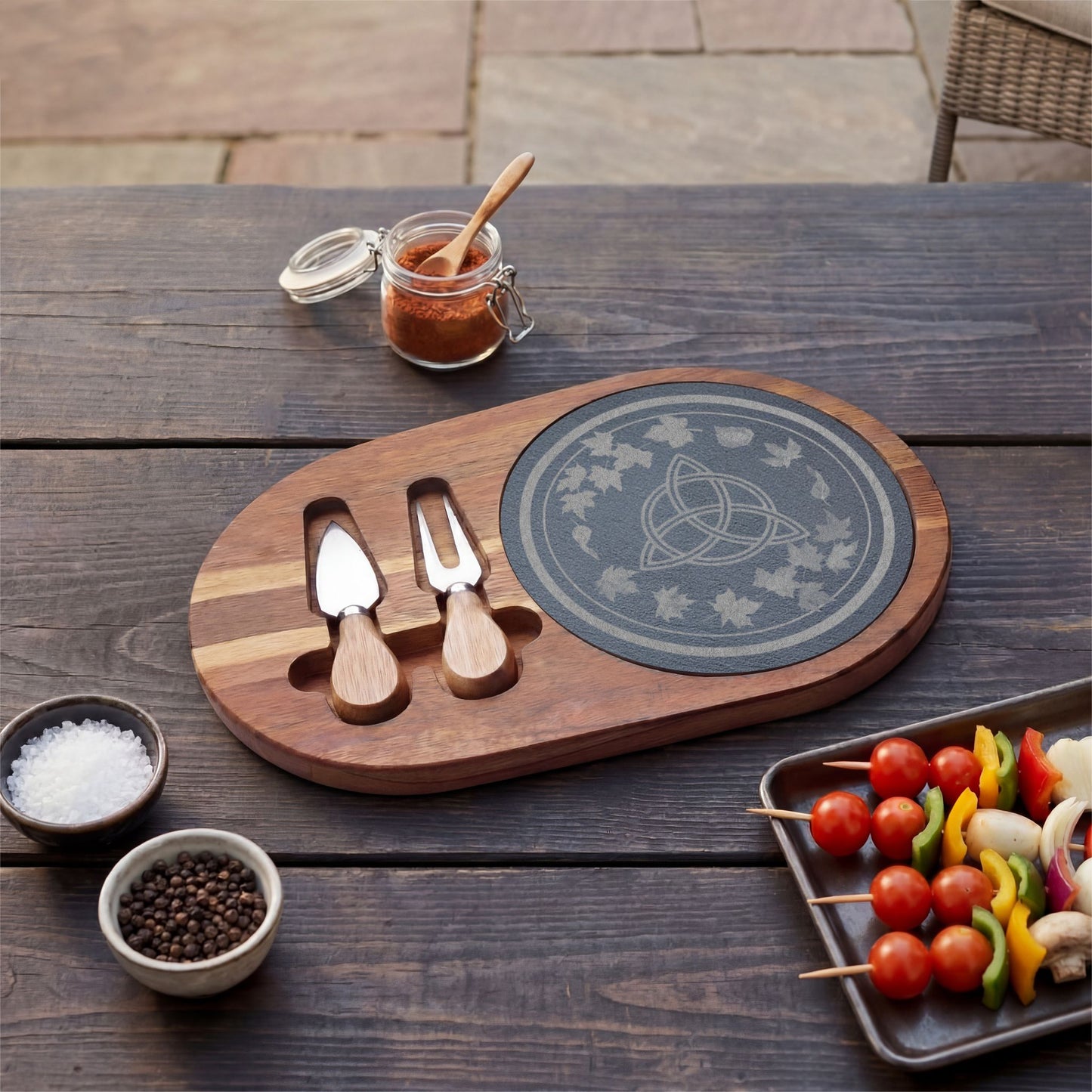 Engraved Acacia Charcuterie Board with Slate Inlay | Transition | Celtic Trinity & Leaf Design