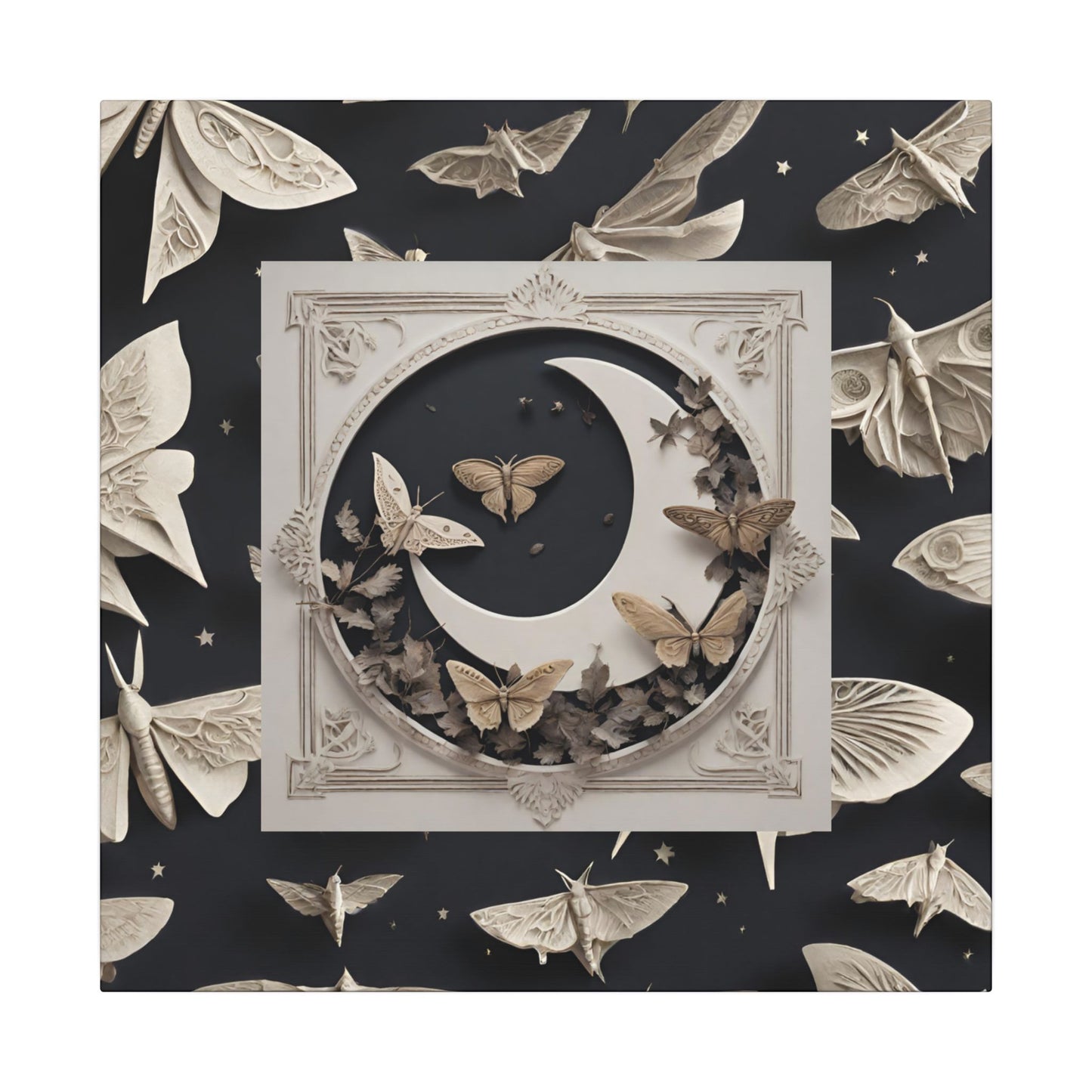 Moon & Moths Matte Canvas Wall Art — Surreal Lunar Nature Print